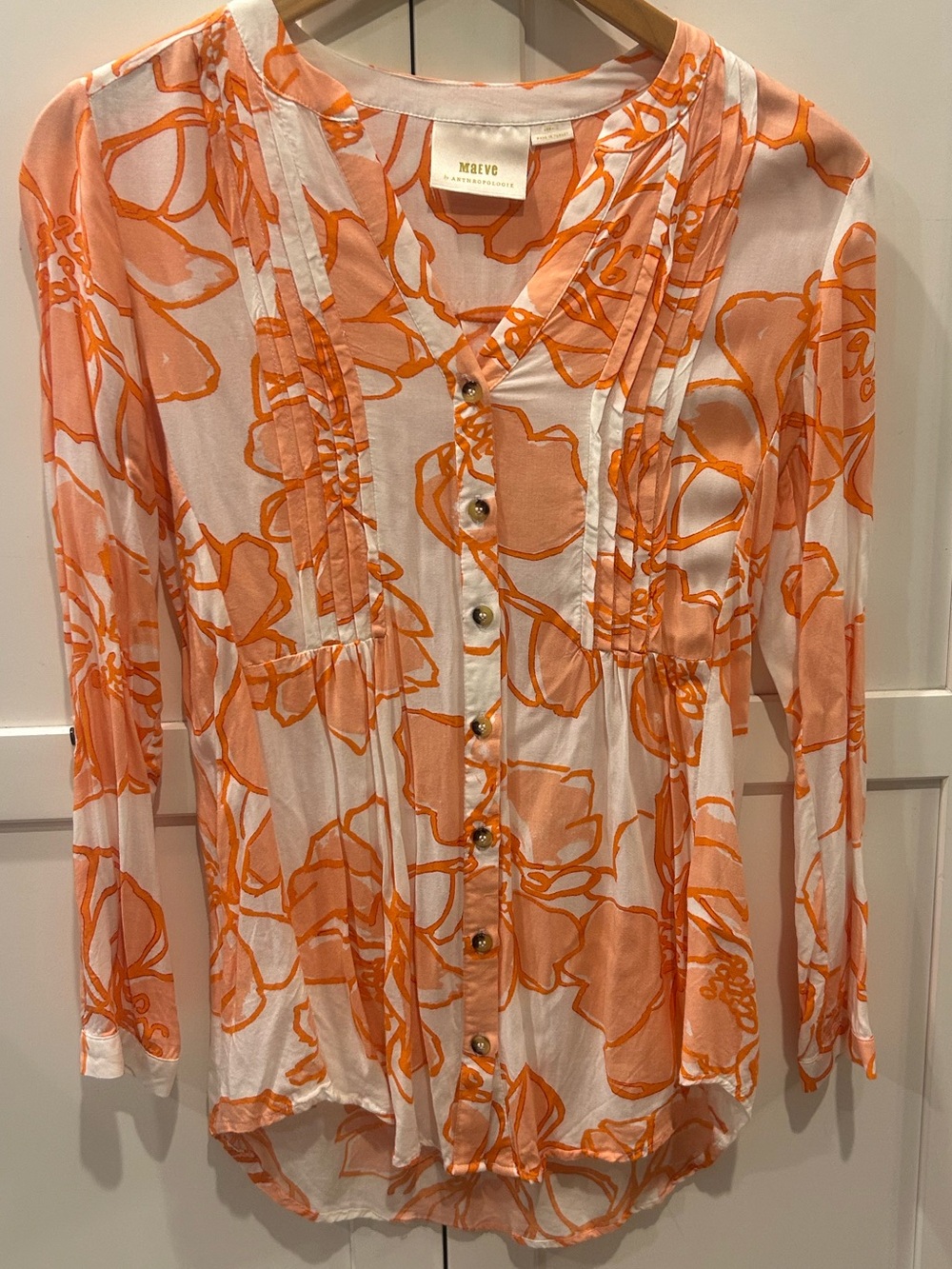 Anthropologie Maeve Floral Pintuck Button Down Blouse Long Sleeve Top Sm